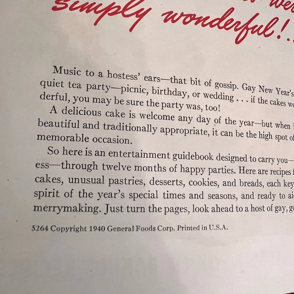 Vintage 1940 Time for a Party Hostess Book‎ of Baking Recipes General Foods 5264